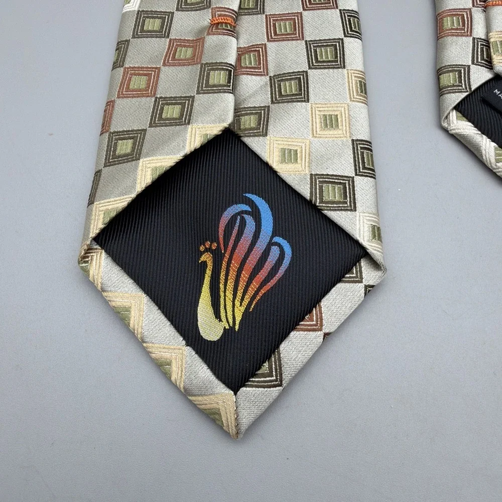 Peacock Necktie Handmade Pure Silk Beige Brown Geometric Pattern Tie 58